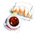 Hot chocolate or coffee or tea cup with croissant and lemon slice on newspaper background. Top view. French breakfast menu backgro