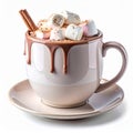 Hot Chocolate in a Cream and Brown Cup with Marshmallows and Cinnamon Stick on White Background Royalty Free Stock Photo