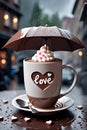 A hot chocolate and cream for a rainning day with umbrella, drinks, food, printable