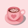 Hot chocolate cup with marshmallows, a pink cup of cocoa with heart ornament. Love greeting card vector illustrations