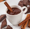 Hot chocolate in a cup, pieces of chocolate and cinnamon Royalty Free Stock Photo