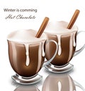 Hot chocolate drink in glasses realistic Vector. whipped cream pourring beverage