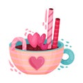 Hot Chocolate Drink with Sweet Stick and Candies as Saint Valentine Day Symbol Vector Illustration