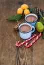 Hot chocolate in enamel metal mugs, fresh