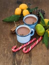 Hot chocolate in enamel metal mugs, fresh