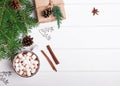 Hot chocolate, fir branches and Christmas gift on white background Royalty Free Stock Photo