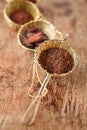 hot chocolate flakes with chilli flavor in old rustic style silver sieve