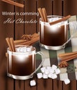 Hot chocolate glasses Vector realistic. cinnamon flavors and marshmellow wooden background