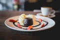 hot chocolate lava cake with vanilla ice cream and fresh strawberry Royalty Free Stock Photo