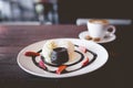 hot chocolate lava cake with vanilla ice cream and fresh strawberry Royalty Free Stock Photo