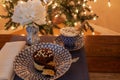 Hot chocolate and layered dark and white chocolate dessert on a fancy bone China