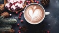 Hot chocolate with marshallows on a wooden surface with red caramel. New Year and Christmas decor and decoration. AI
