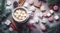 Hot chocolate with marshallows on a wooden surface with red caramel. New Year and Christmas decor and decoration. AI