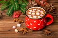 hot chocolate with marshmallow candies on wooden background decorated Christmas tree branch, cones and anis, greeting card Royalty Free Stock Photo