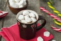 Hot Chocolate With Marshmallow in Christmas decorations. Selective focus Royalty Free Stock Photo