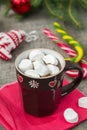 Hot Chocolate With Marshmallow in Christmas decorations. Selective focus Royalty Free Stock Photo