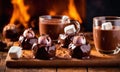 Hot chocolate with marshmallows and chocolate candies on wooden table Royalty Free Stock Photo