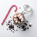 Hot Chocolate with Marshmallows Candy Cane on White Background Top View Royalty Free Stock Photo