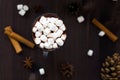 Hot Chocolate And Mini Marshmallow With Winter Decorations On Black Background Top View