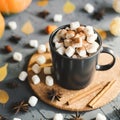 Hot chocolate with mini marshmallows with cocoa powder served with cinnamon sticks and star anise in a black mug Royalty Free Stock Photo