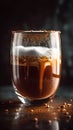 a hot chocolate in an minimalist irish glass receiveing a ambar colored coffee foame.