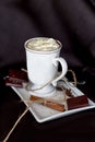 Hot chocolate in a mug with handle, spices and chocolate pieces on white plate black background Royalty Free Stock Photo