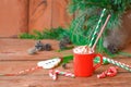 Hot chocolate in a mug with paper straws. Winter time treat Royalty Free Stock Photo