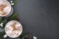 Hot chocolate mugs with marshmallows. Flat lay with fir branches. Gray background. Warm winter drink