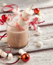 Hot chocolate with peppermint candies coated marshmallows