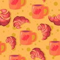 Hot chocolate in a pink mug with hearts and bakery products seamless pattern. Illustration of croissants and coffee for morning