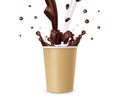 Hot chocolate. Realistic milk chocolate splashes and take away paper cup vector illustration Royalty Free Stock Photo