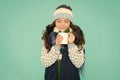 Hot chocolate recipe. Dessert concept. Coffee break. Hot beverage. Idea for warming. Happy girl hipster. Kid winter Royalty Free Stock Photo