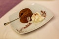 Hot chocolate souffle cake with cream Royalty Free Stock Photo