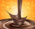 Hot chocolate splash with pouring, isolated on orange background. Royalty Free Stock Photo