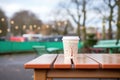 hot chocolate in takeaway cup on park bench in winter Royalty Free Stock Photo
