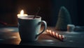 Hot chocolate warms table on cold winter night generated by AI