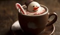 Hot chocolate warms up snowman heart generated by AI