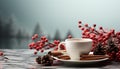 Hot chocolate warms the winter with a cozy wood background generated by AI