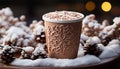 Hot chocolate warms the winter with a frothy, chocolatey delight generated by AI