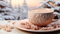 Hot chocolate warms the winter with sweet marshmallow topping generated by AI