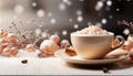 Hot chocolate warms the winter table with sweet, frothy delight generated by AI