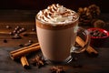 Hot chocolate with whipped cream and cinnamon on dark wooden background. Christmas drink, Cup of hot chocolate with whipped cream