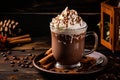 Hot chocolate with whipped cream and cinnamon on a dark wooden background, Cup of hot chocolate with whipped cream and spices on