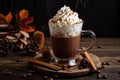 Hot chocolate with whipped cream and cinnamon in a glass cup on wooden background, Cup of hot chocolate with whipped cream and