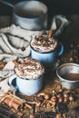 Hot chocolate with whipped cream, cinnamon sticks and nuts Royalty Free Stock Photo