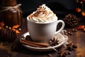 Hot chocolate with whipped cream and cinnamon on a wooden background. Selective focus, Cup of hot chocolate with whipped cream and