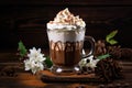 Hot chocolate with whipped cream and coffee beans on a dark wooden background, Cup of hot chocolate with whipped cream and spices