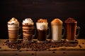 Hot chocolate with whipped cream and coffee beans on a wooden background, Various coffee and chocolate drinks on a brown