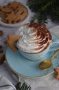 Hot Chocolate with Whipped Cream and Gingerbread Cookies, Christmas Treats Royalty Free Stock Photo