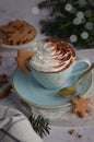 Hot Chocolate with Whipped Cream and Gingerbread Cookies, Christmas Treats Royalty Free Stock Photo